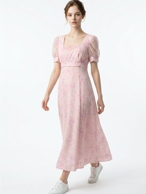 VTG Sheer Women's Lace Neckline Cottagecore Pink Floral Puff-Sleeve Maxi Dress